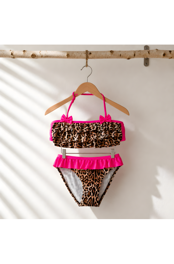 Μαγιό Bikini με βολάν για μικρά κορίτσια LA710 ΛΕΟΠΑΡ- ΦΟΥΞΙΑ ΝΕΟΝ