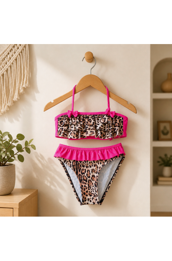 Μαγιό Bikini με βολάν για μικρά κορίτσια LA710 ΛΕΟΠΑΡ- ΚΟΡΑΛΙ ΝΕΟΝ