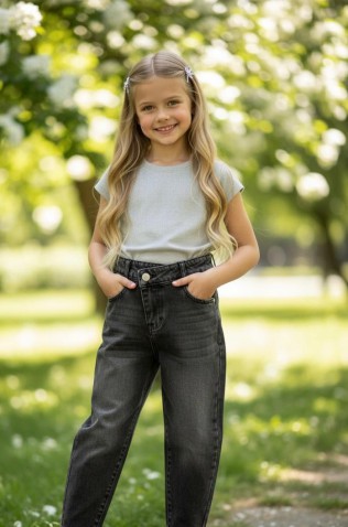 Τζιν παντελόνι Cross Button για κορίτσια injuly ST-5290  ΓΚΡΙ